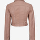 Back of Cora women's blush pink cropped leather jacket showing shoulder yoke and shaped panel seams