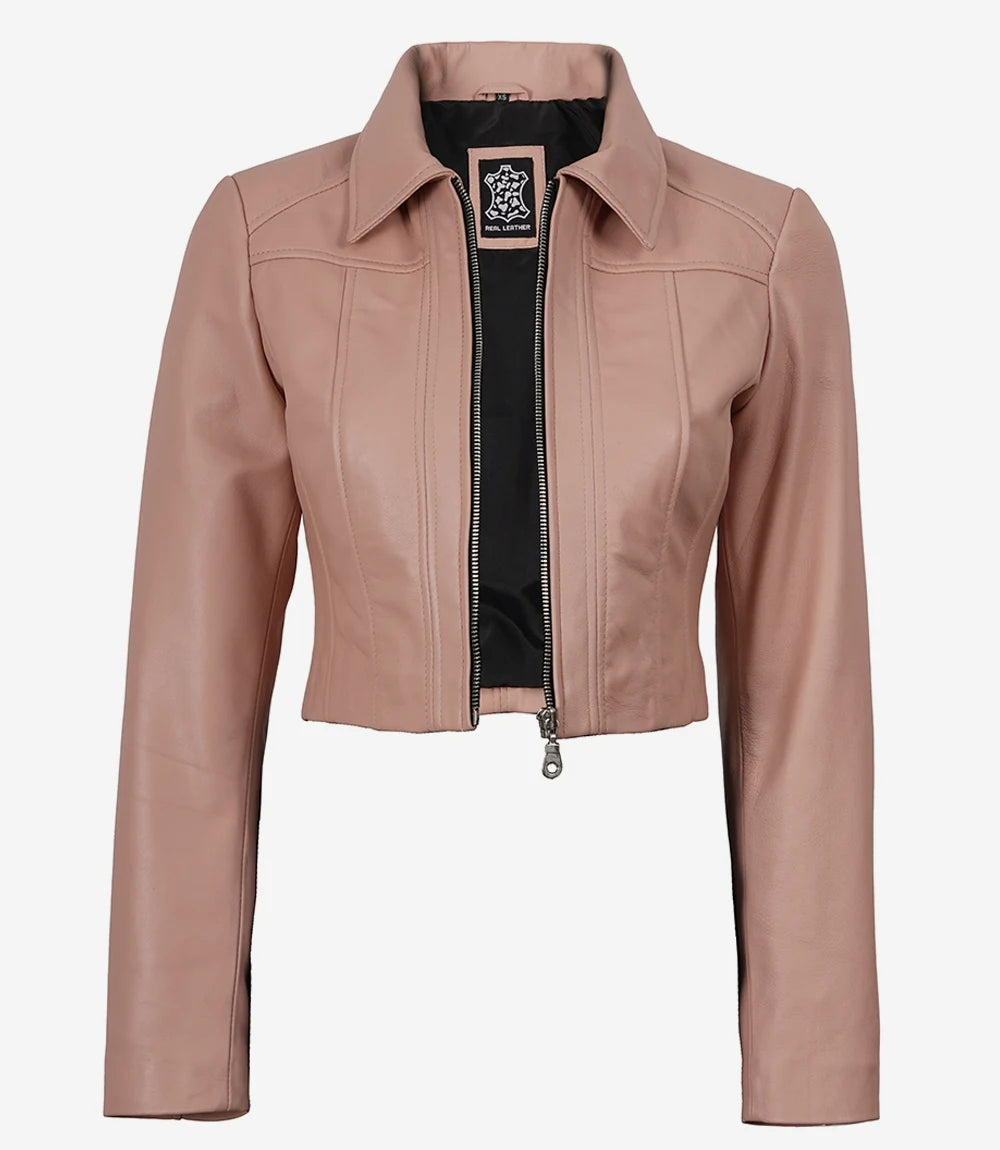 Cora women's blush pink cropped leather jacket, open front showing black inner lining