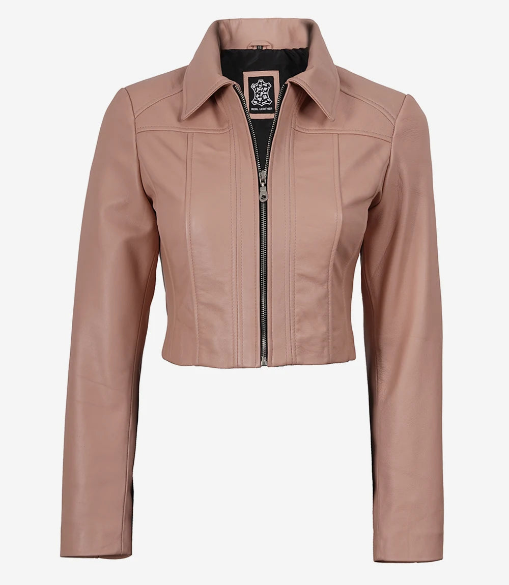 Cora women's blush pink cropped leather jacket, zipped front view with pointed collar