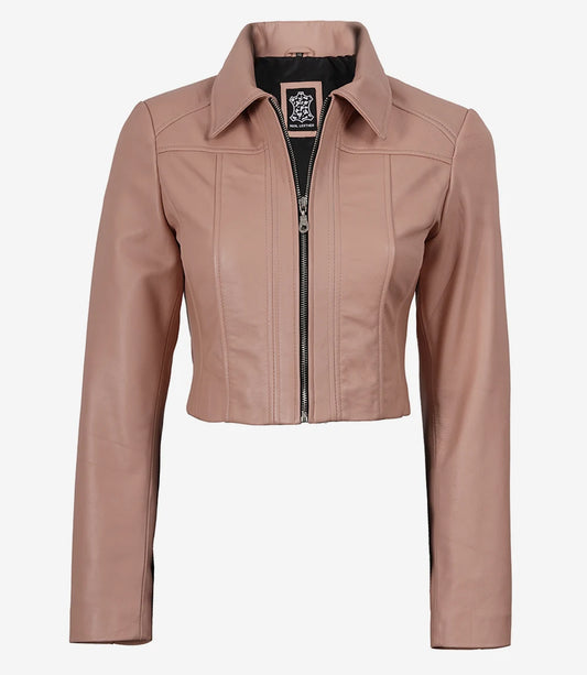 Cora women's blush pink cropped leather jacket, zipped front view with pointed collar