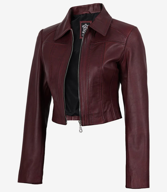 Cora women's burgundy cropped zip-up leather jacket, angled open front view