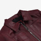 Close-up of Cora burgundy leather jacket's pointed collar, front zip and panel stitching