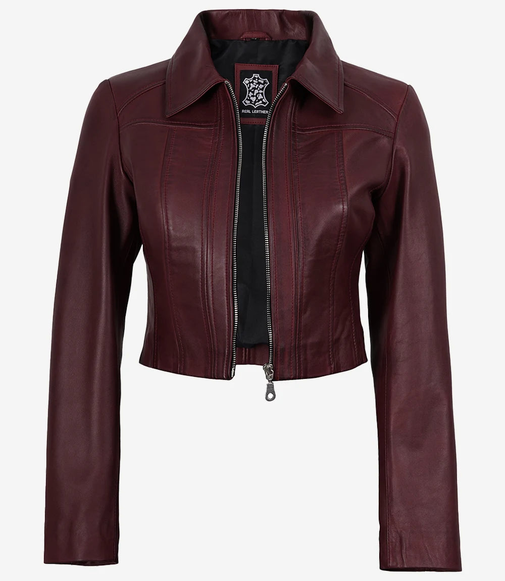 Cora women's burgundy cropped leather jacket, open front view showing black inner lining