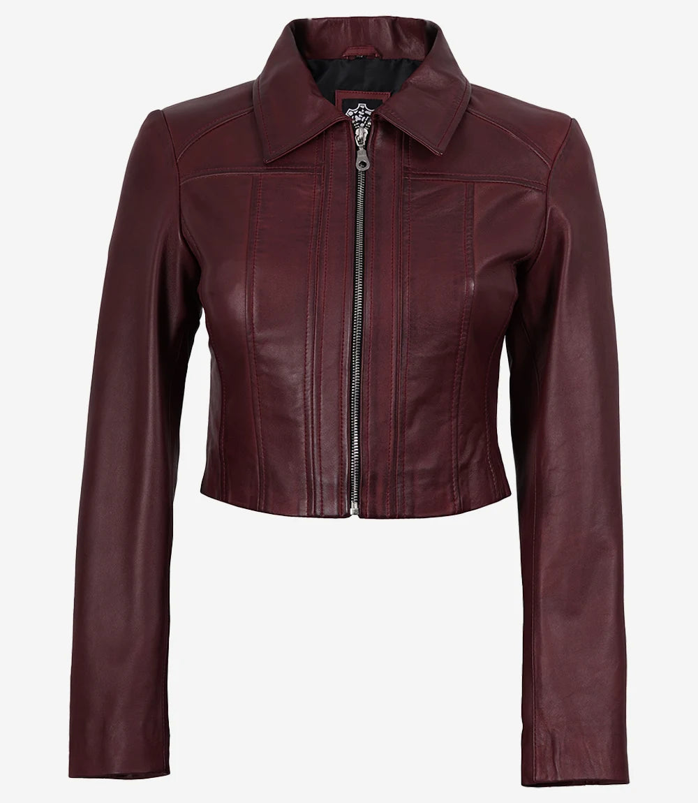 Cora women's burgundy cropped leather jacket, zipped front view with pointed collar
