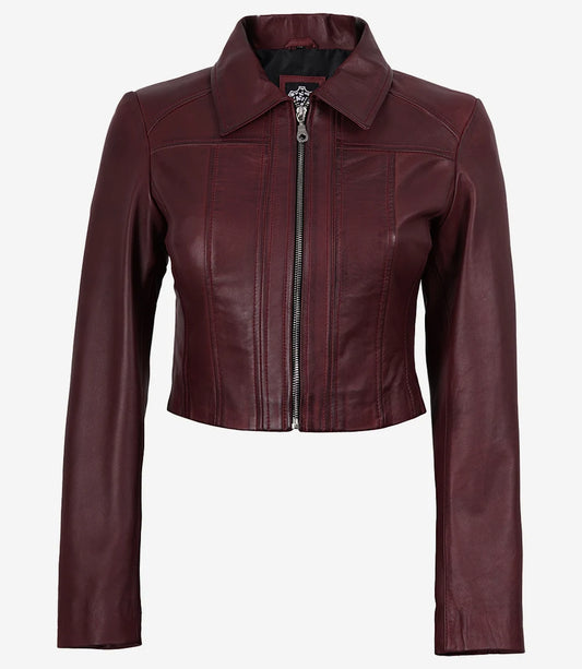 Cora women's burgundy cropped leather jacket, zipped front view with pointed collar