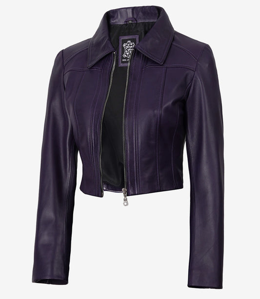 Cora women's purple cropped zip-up leather jacket, angled open front view