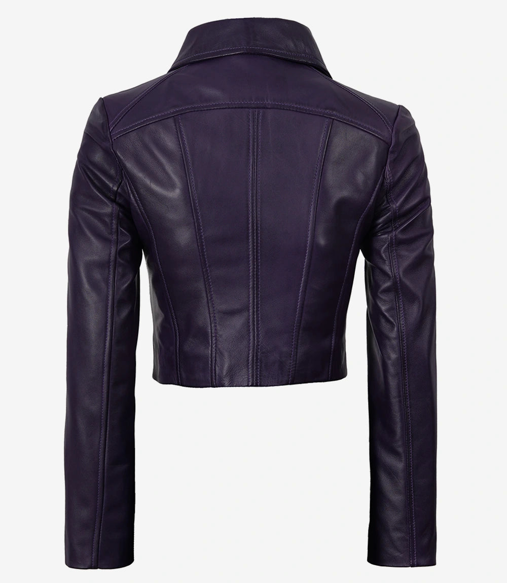 Back of Cora women's purple cropped leather jacket showing shoulder yoke and shaped panel seams