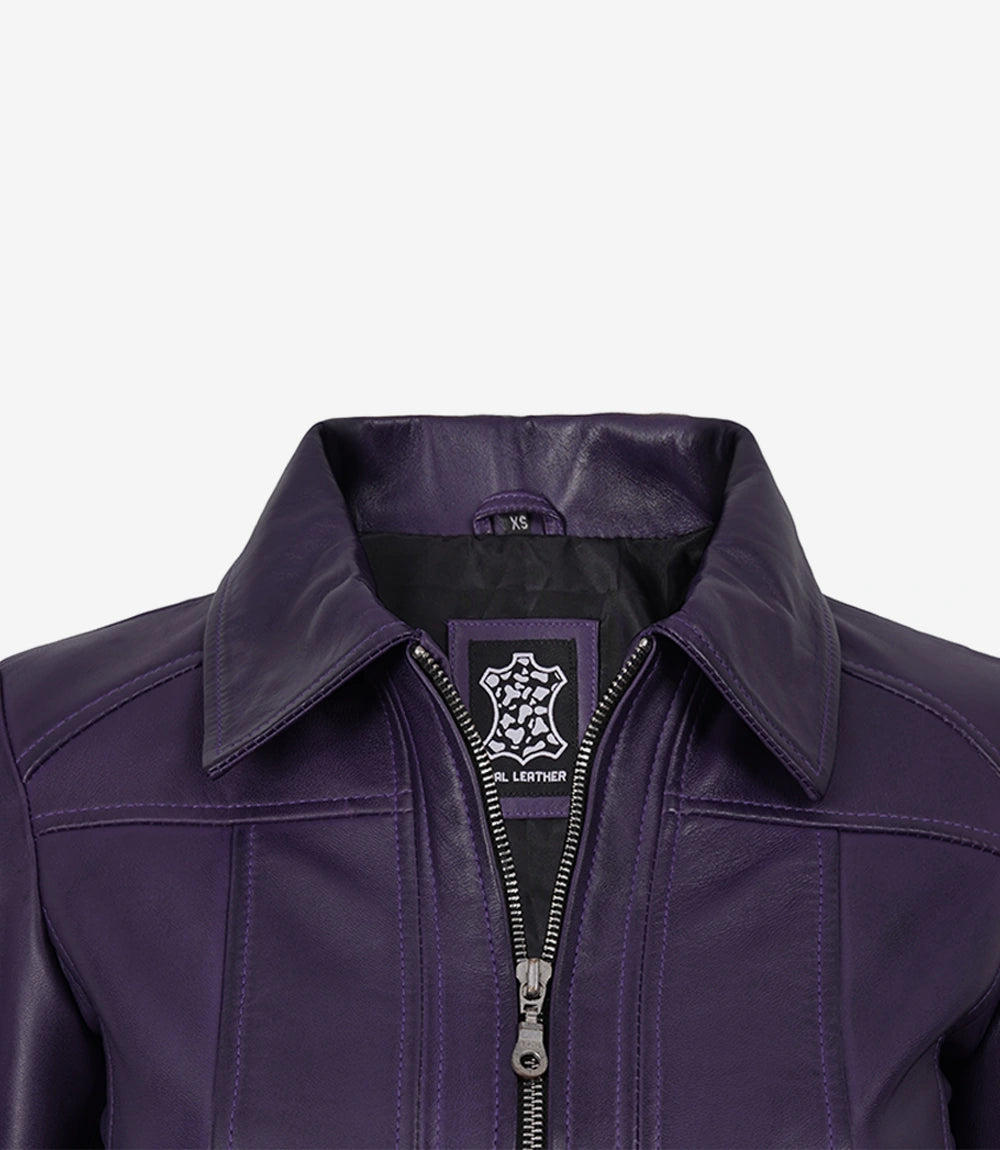 Close-up of Cora purple leather jacket's pointed collar and front zip