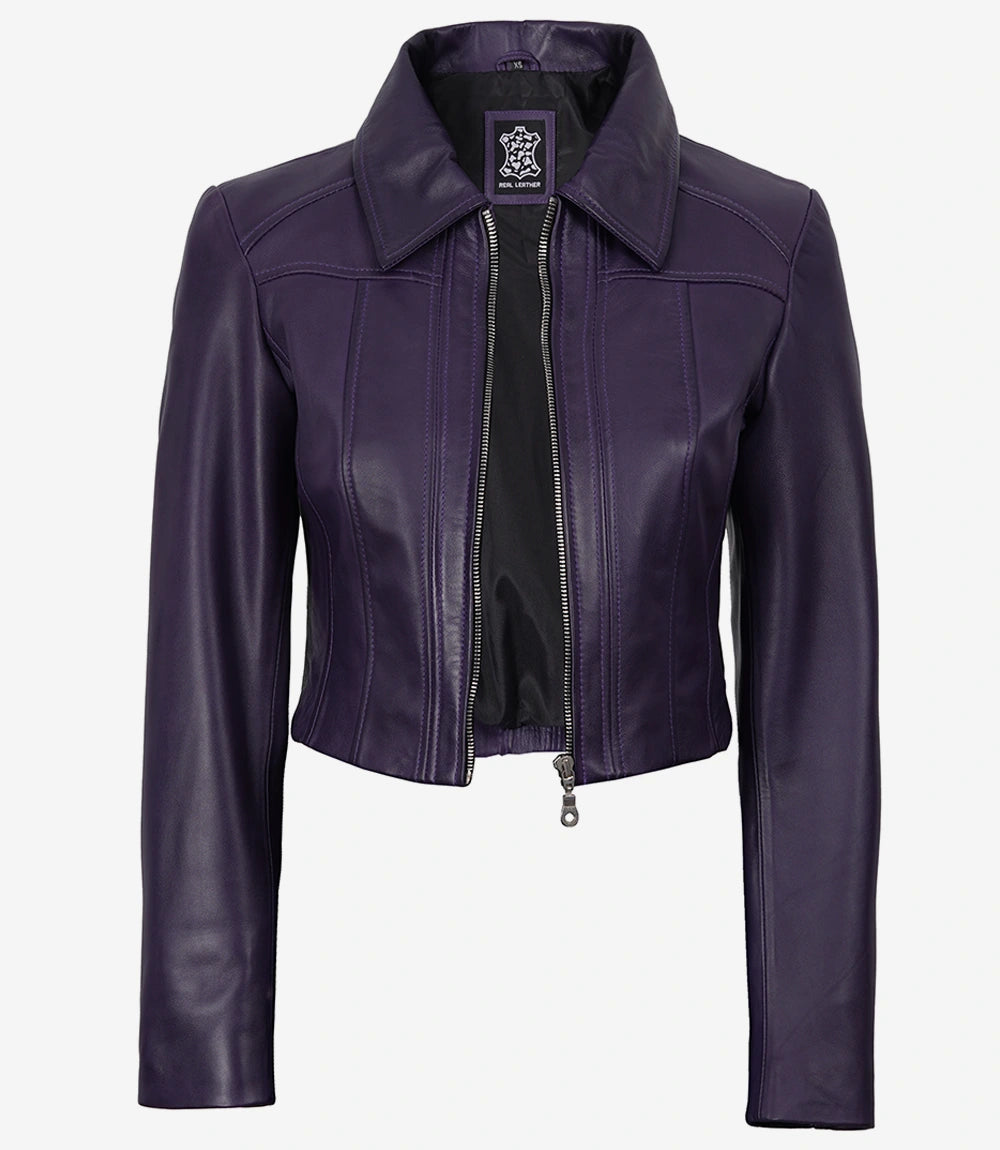 Cora women's purple cropped leather jacket, open front showing black inner lining