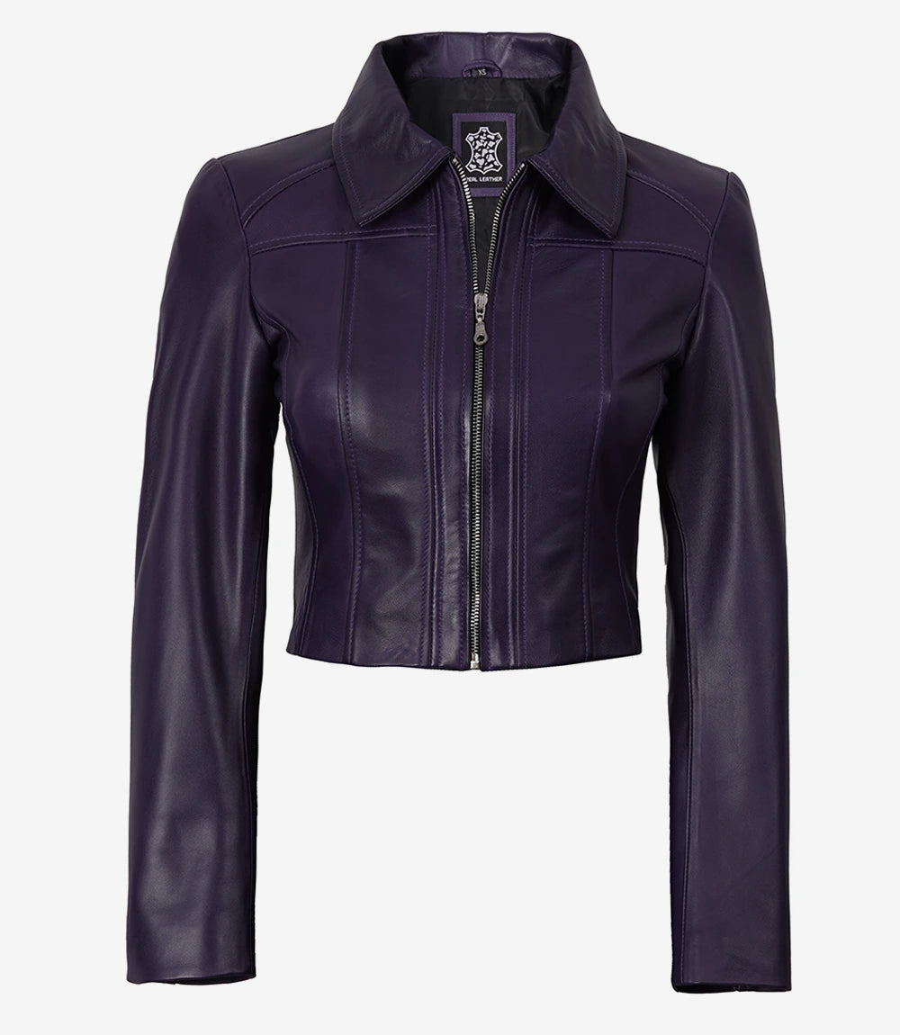Cora women's purple cropped leather jacket, zipped front view with pointed collar