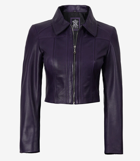 Cora women's purple cropped leather jacket, zipped front view with pointed collar