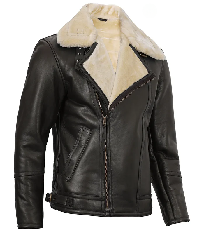 Ace Men's Black B3 Shearling Leather Jacket - Back View
