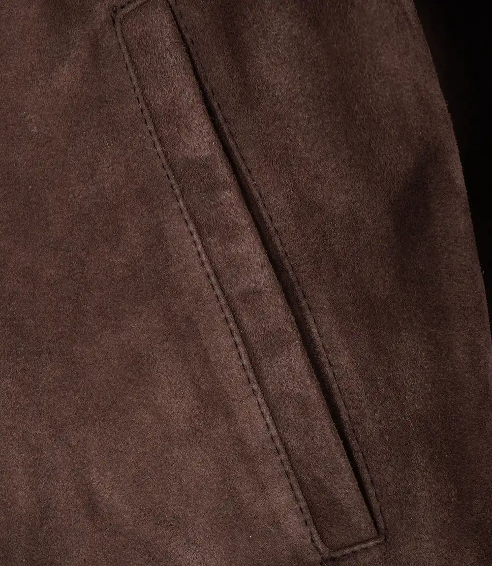 Men's Camel Suede Bomber Jacket - Collar Close-up