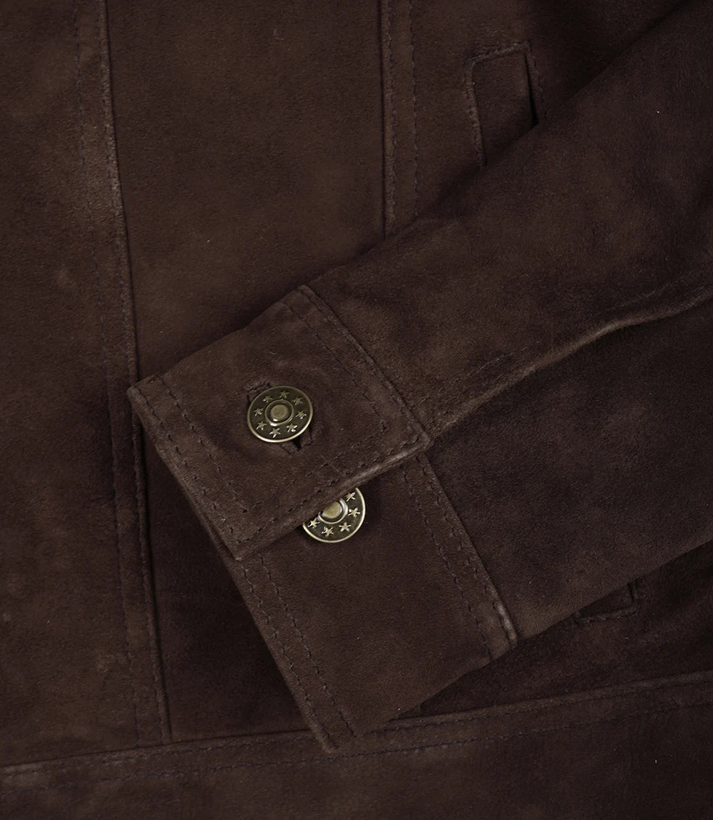 Men's Dark Brown Suede Trucker Jacket - Close-up