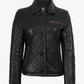 Diamond quilted black leather jacket for women, front detail