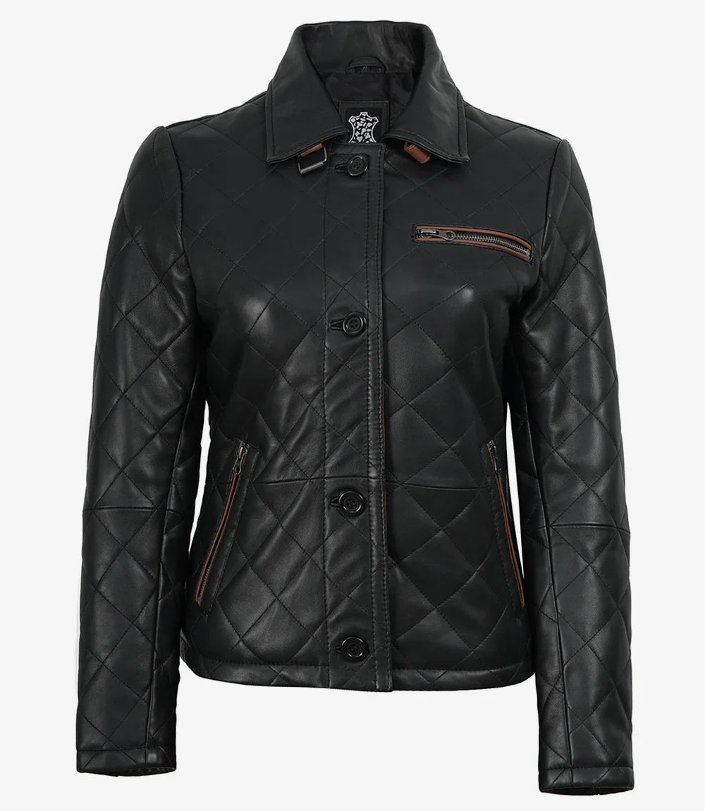 Diamond quilted black leather jacket for women, front detail