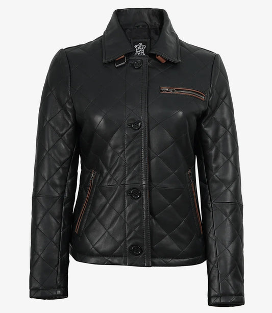 Diamond quilted black leather jacket for women, front detail