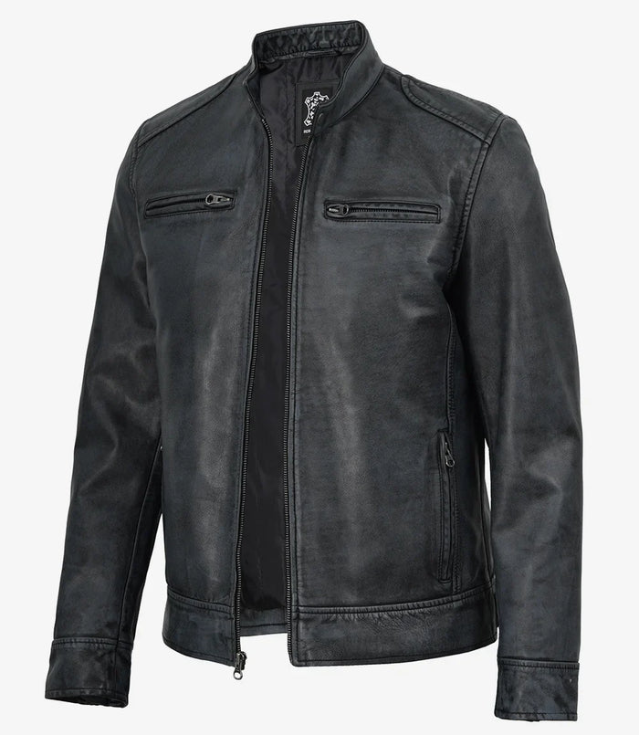 Dodge men's black washed leather jacket, front view unzipped