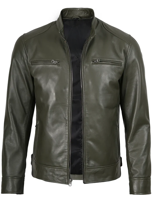 Men's Olive Green Cafe Racer Leather Jacket in genuine lambskin leather, side view