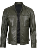 Men's Olive Green Cafe Racer Leather Jacket in genuine lambskin leather, side view