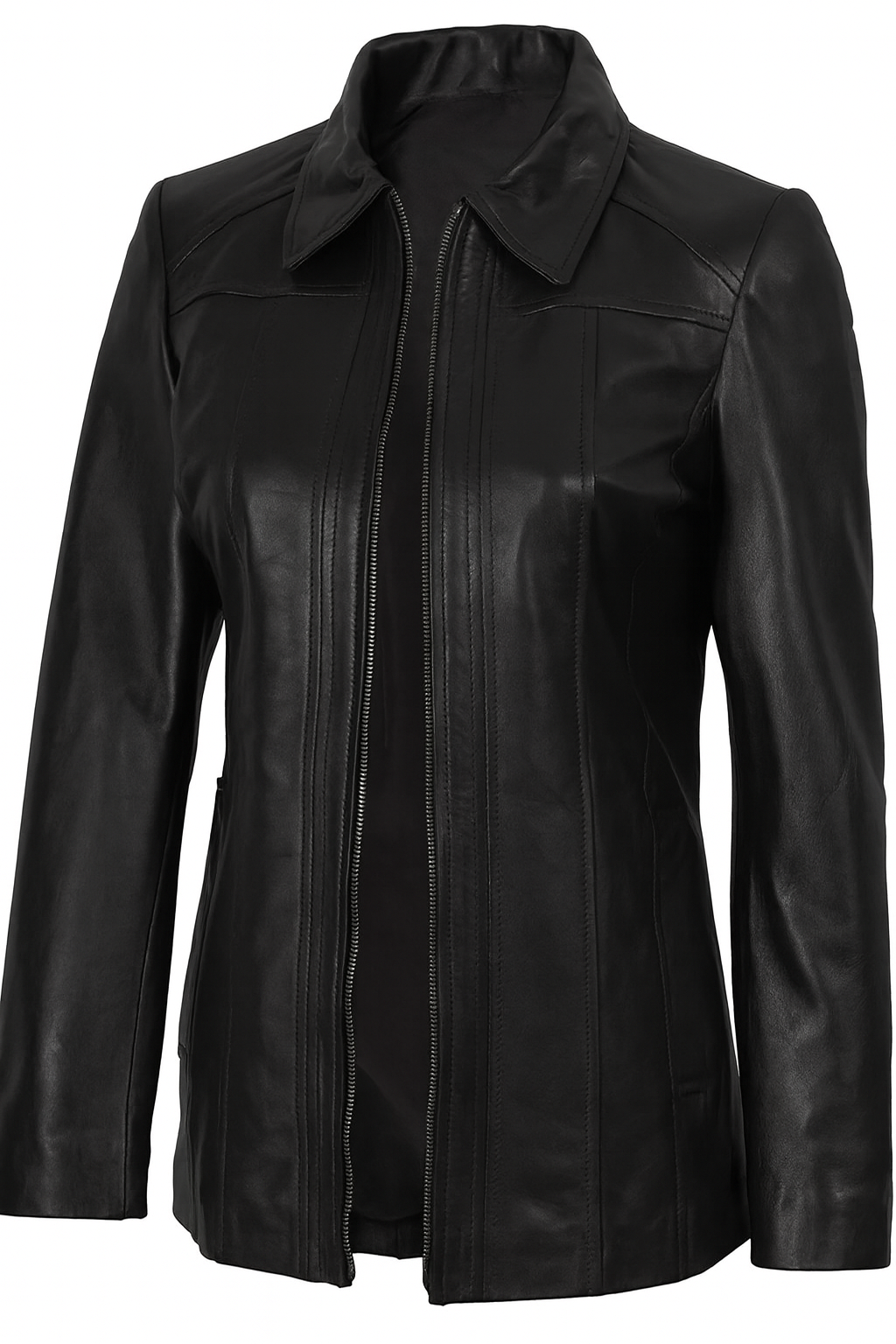 Marsha Women's Black Leather Car Coat Jacket - Front View
