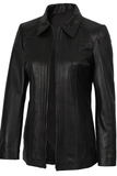 Marsha Women's Black Leather Car Coat Jacket - Front View