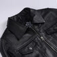 Close-up of Elara black leather jacket showing the pointed collar, silver-tone zip and flap chest pockets