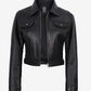 Open front view of Elara women's black cropped leather trucker jacket showing the black lining