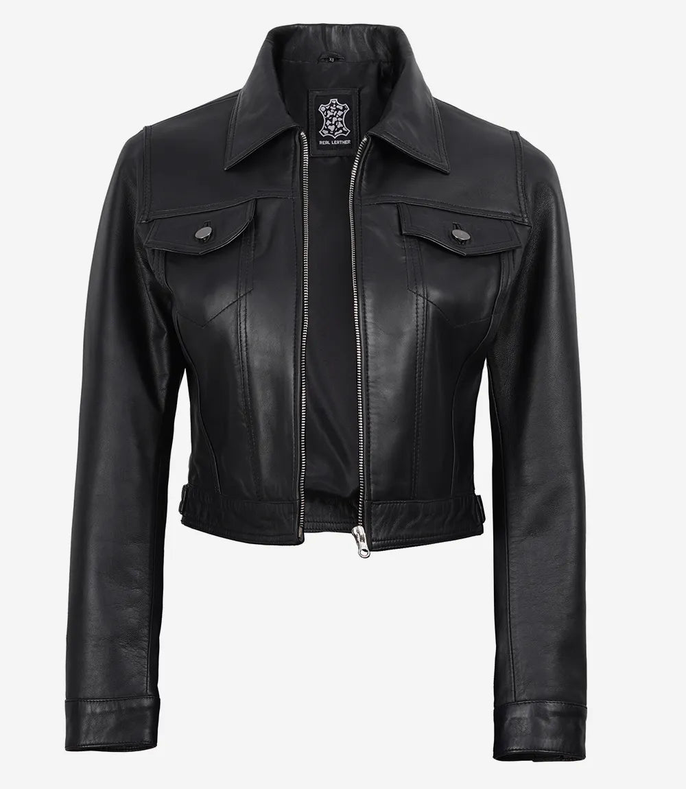 Open front view of Elara women's black cropped leather trucker jacket showing the black lining