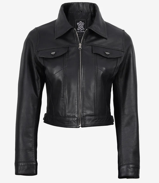 Zipped front view of Elara women's black cropped leather trucker jacket with a pointed collar and chest pockets