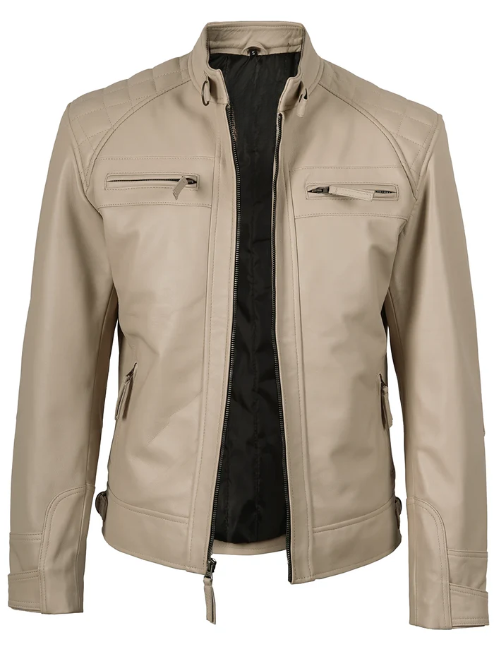 Men’s Beige Leather Café Racer Jacket – Front Open View | NSM Jackets