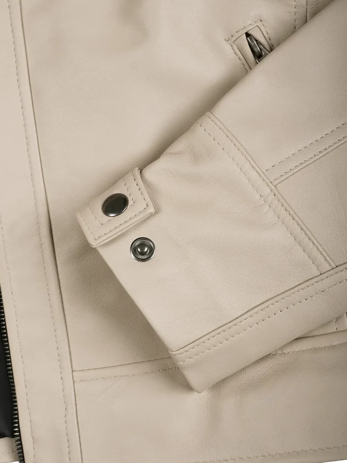 Premium Beige Café Racer Leather Jacket – Zipper & Cuff Detail | NSM Jackets