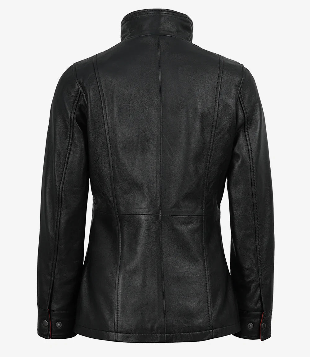 Ruby women's black and red leather jacket, back view