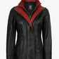 Ruby women's black leather jacket, front view with red trim