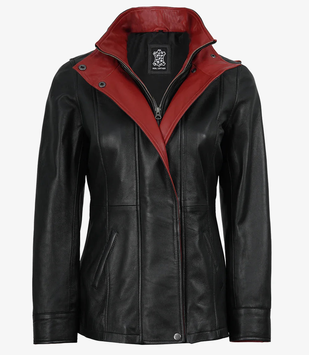 Ruby women's black leather jacket, front view with red trim