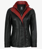 Ruby women's black leather jacket, front view with red trim