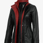 Black and red leather jacket for women, side view