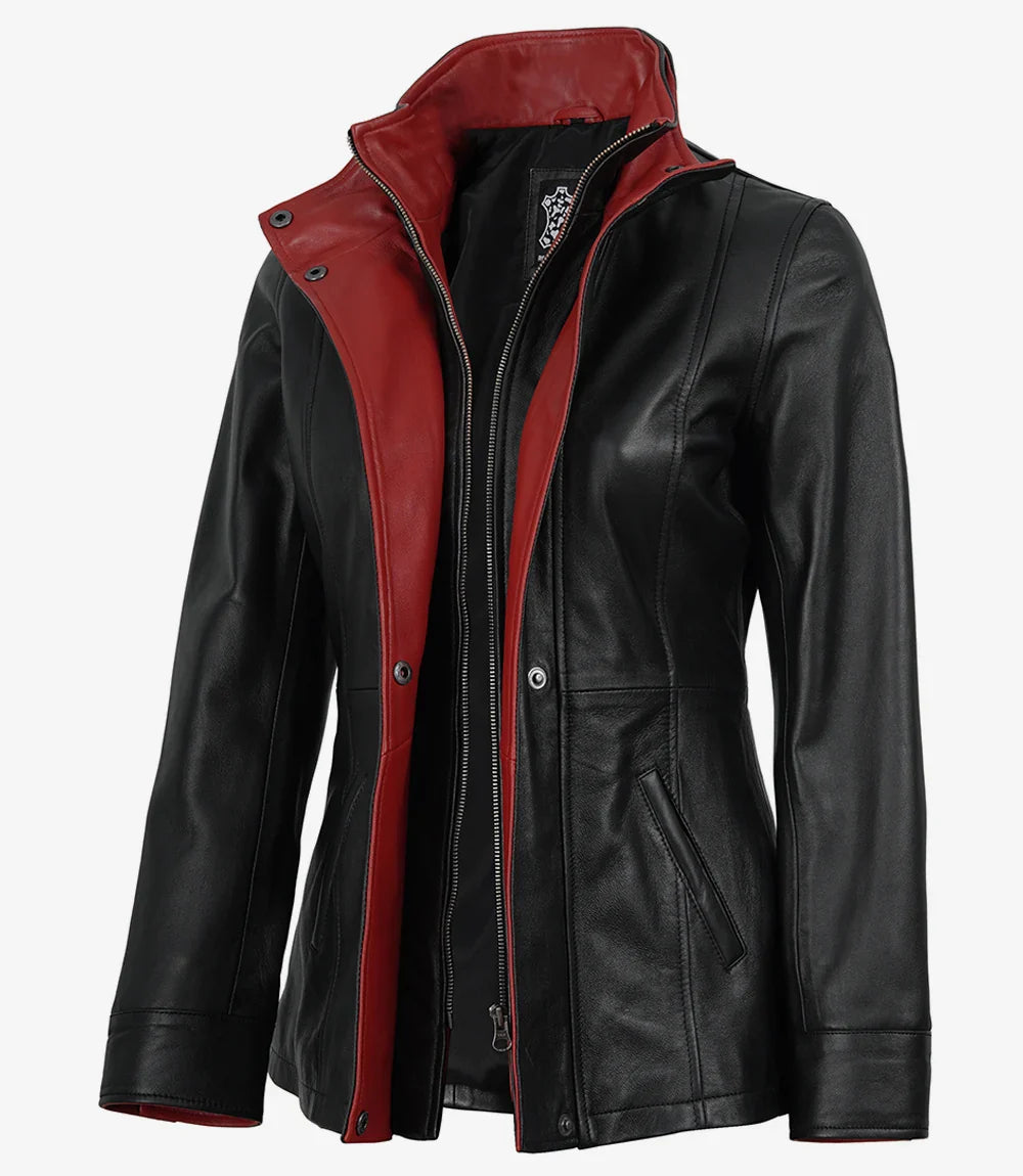 Black and red leather jacket for women, side view