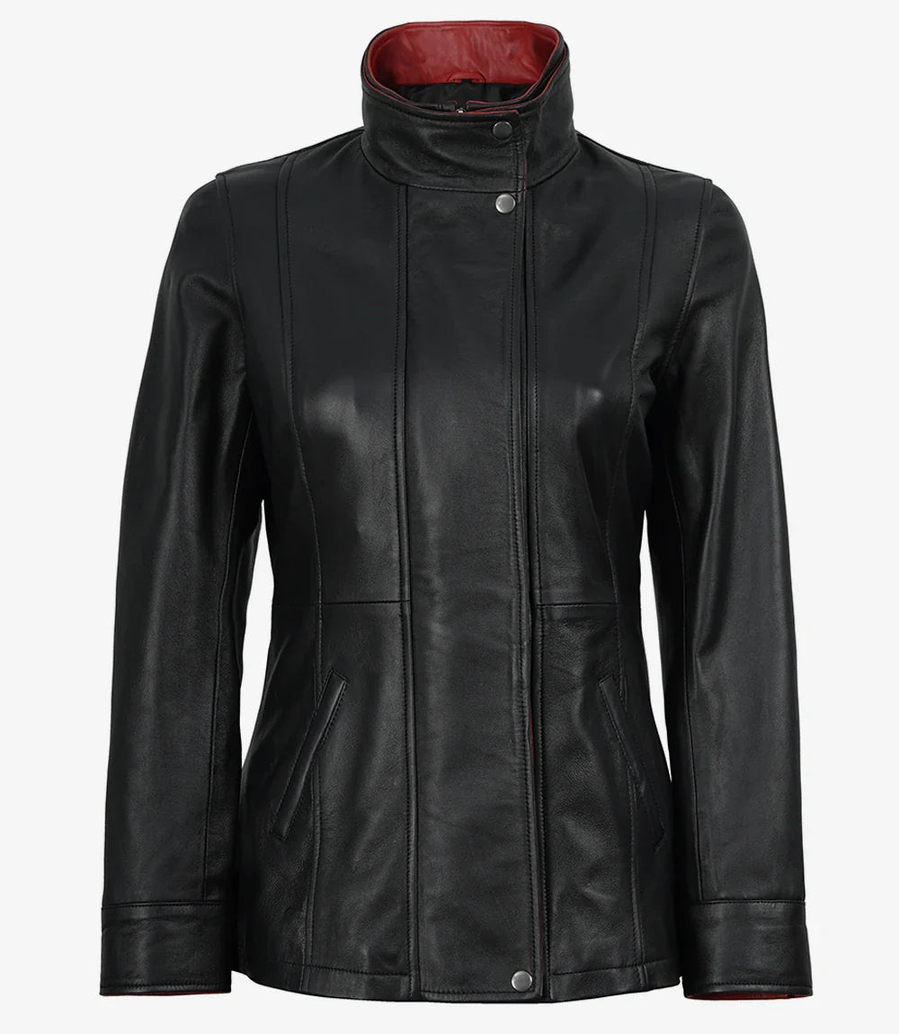 Red lapel leather jacket for women, front detail