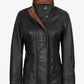 Hazel women's black leather jacket, contrast collar close-up