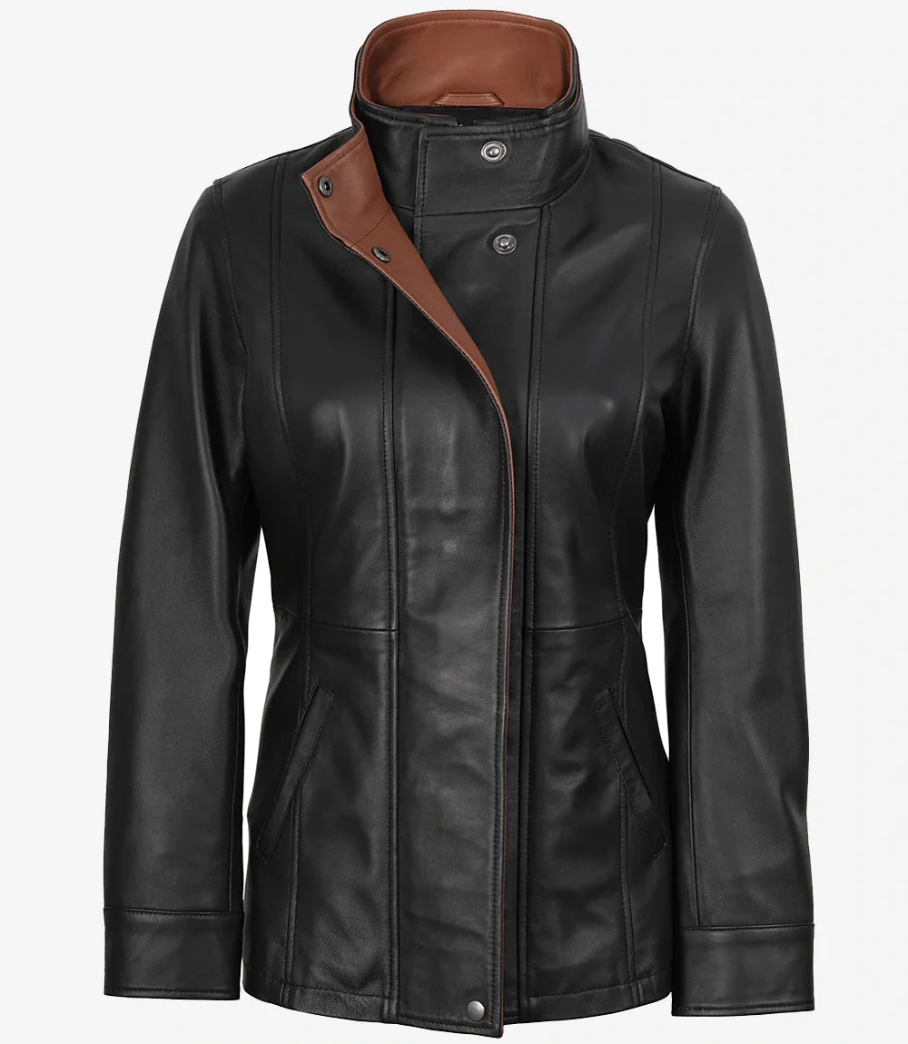 Hazel women's black leather jacket, contrast collar close-up