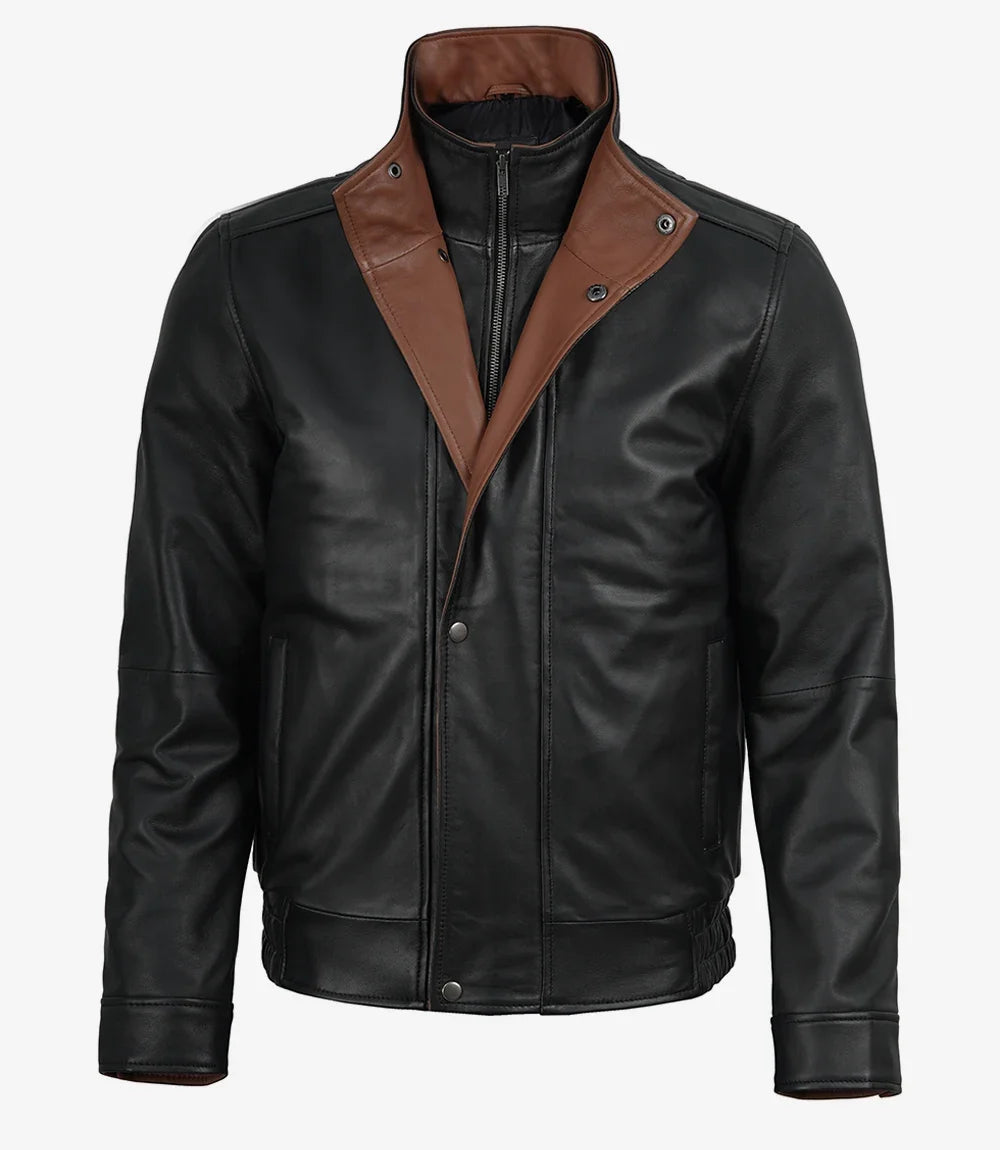 Erin men's black leather jacket, snap collar detail