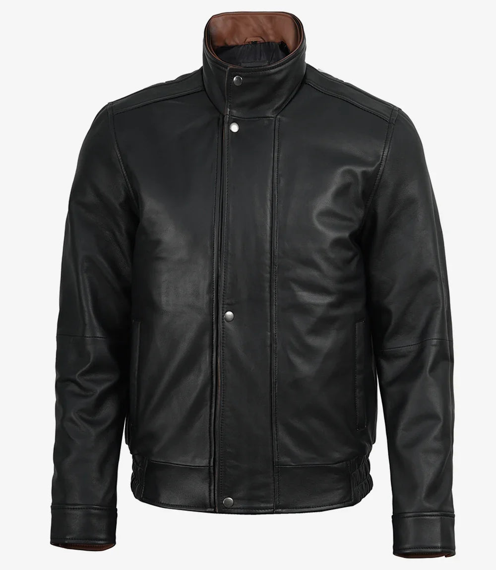Erin men's black leather jacket, waist-length front view