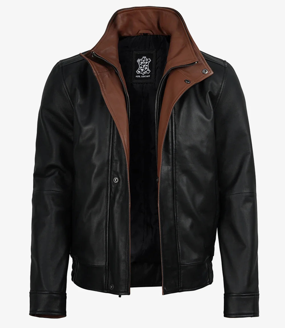 Erin men's black leather jacket, wide lapel front view