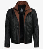 Erin men's black leather jacket, wide lapel front view