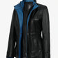 Women's black and blue leather jacket, contrast collar detail