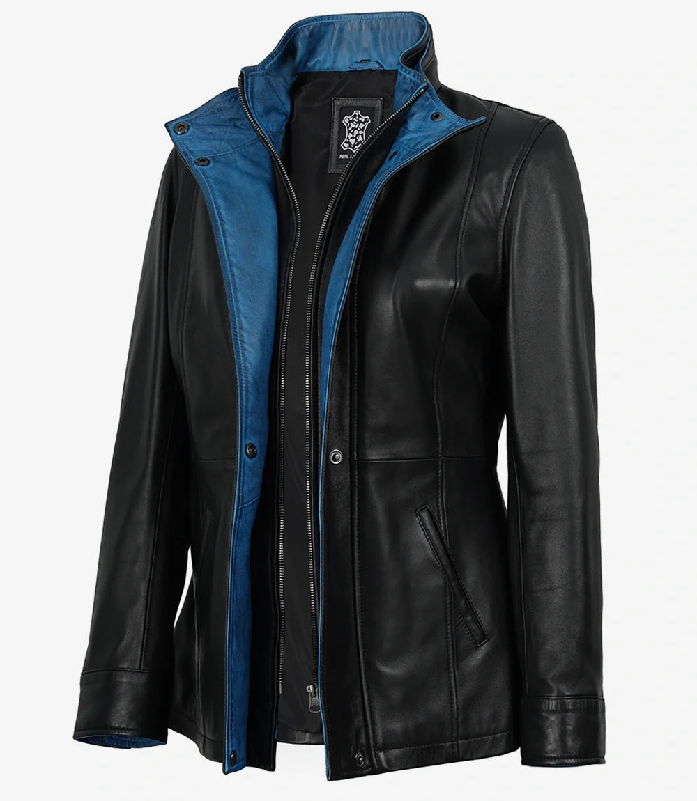 Women's black and blue leather jacket, contrast collar detail