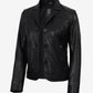 Esme women's black short leather blazer, angled open front view with notch lapels