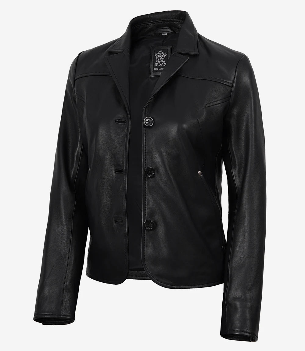 Esme women's black short leather blazer, angled open front view with notch lapels