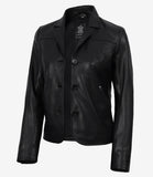 Esme women's black short leather blazer, angled open front view with notch lapels